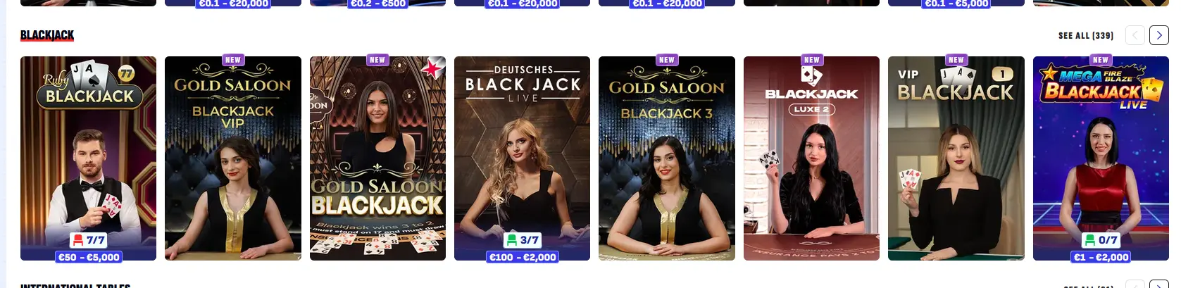 Živé stoly blackjacku Bankonbet Casino s krupiéry
